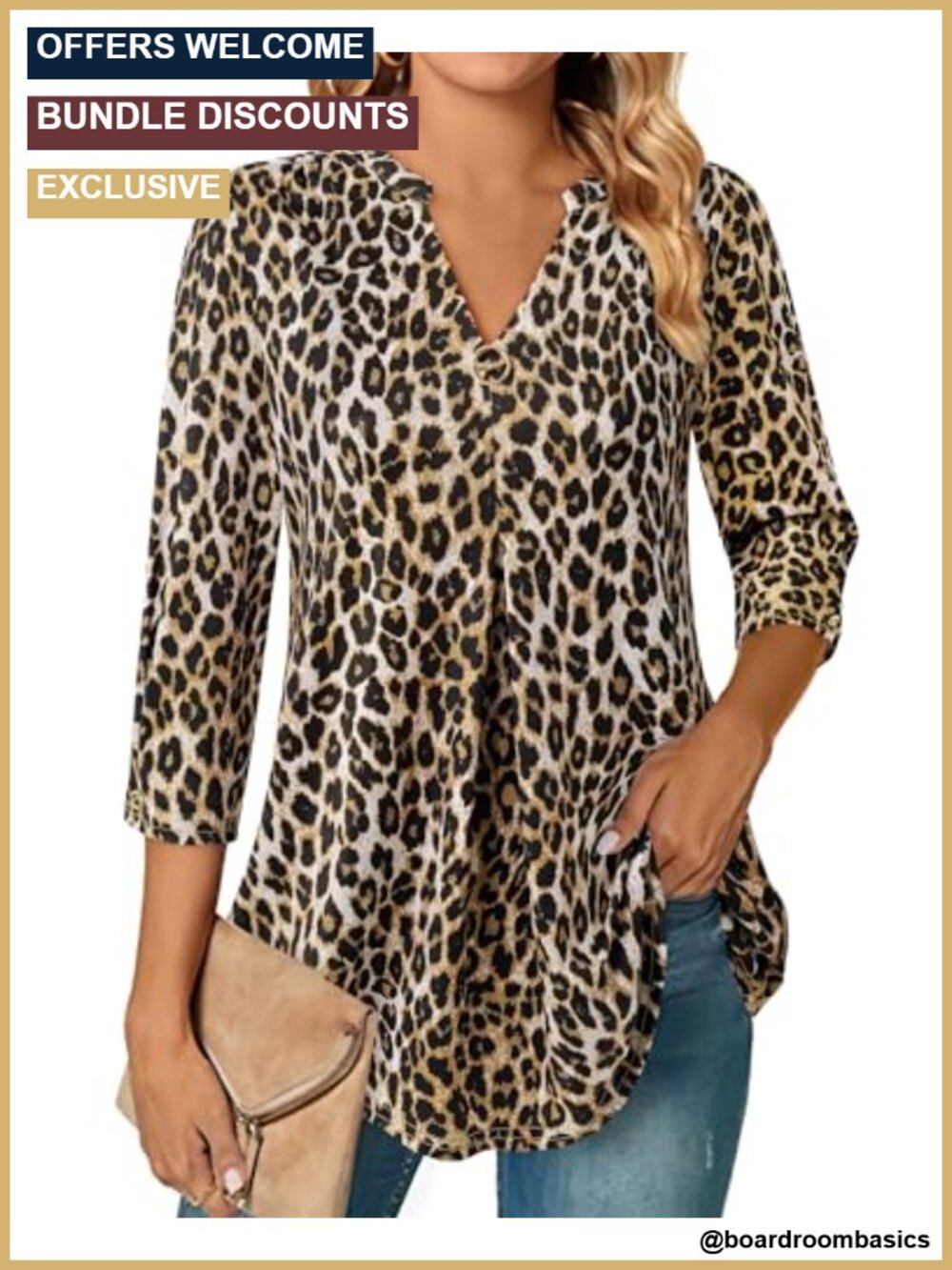 Womens 3/4 Sleeve V Neck Tunic Blouse Loose Fit Dressy Casual Top